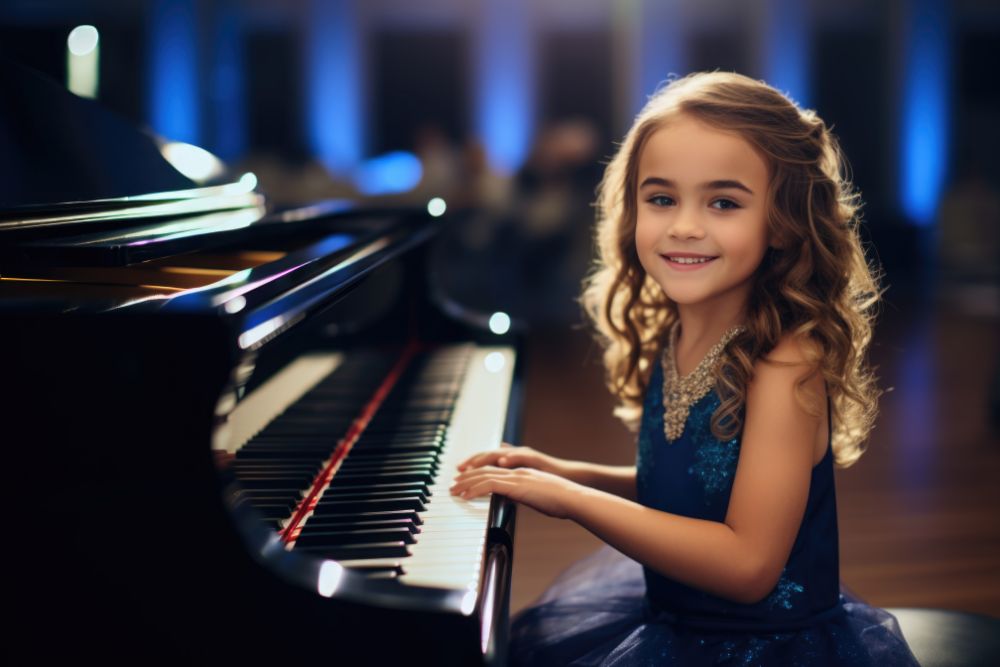holčička sedí u klavíru