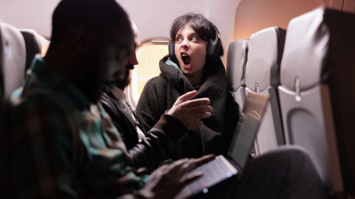 Žena se sluchátky v letadle