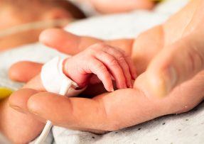 Rodič drží za ruku novorozence v nemocnici