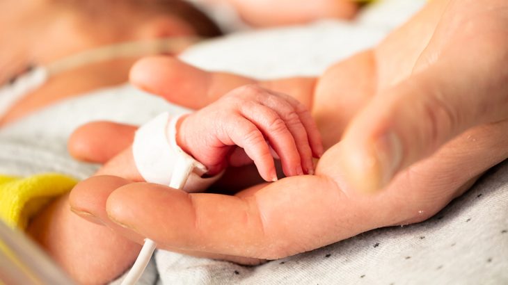 Rodič drží za ruku novorozence v nemocnici